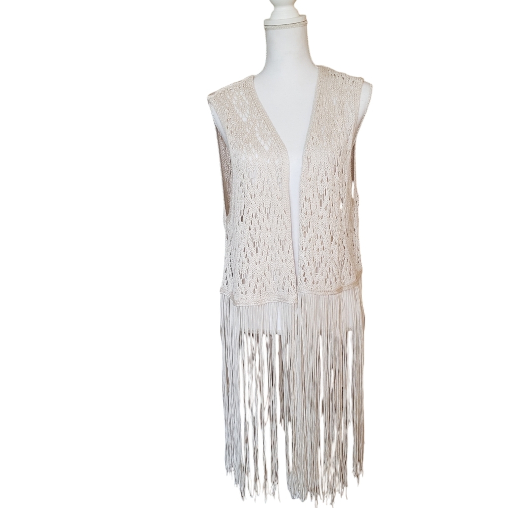 Cato 22/24W Knit Open Front Cardigan Vest Cream Fringe Festival Western Cottage
